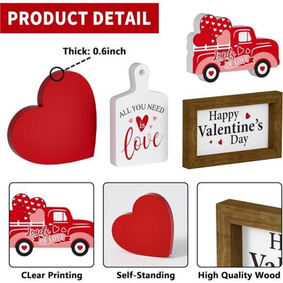 Valentine's Day Tiered Tray Decor Set 5 Pcs Heart Wooden Signs XOXO Bead - Picture 4 of 8